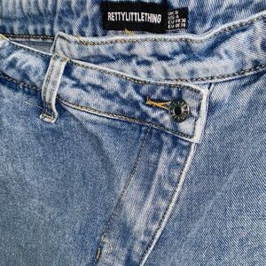 🌸New Y2K Design Asymmetrical High Waisted Light Blue Jeans Regular Length Denim🌸